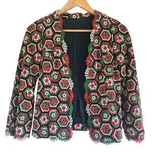 Vintage Crochet Embroidered Open Front Blazer Cardigan Multi Color XS Boho Retro